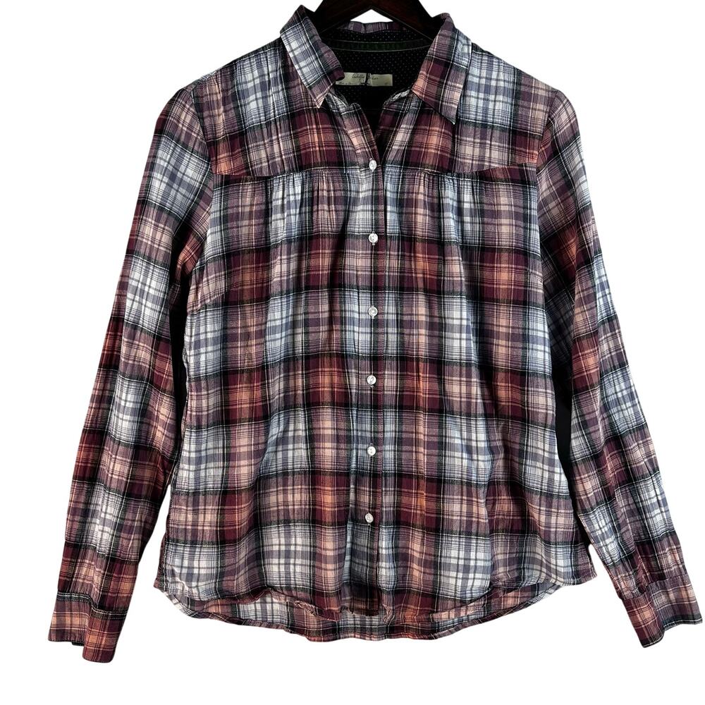 Isabella Sinclair WMNS Flannel Shirt M Burgundy Plaid Shirred Button Down Cotton